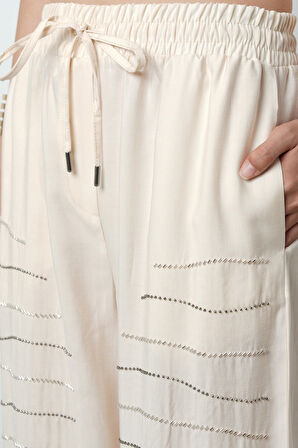 Kadın Yatay Şerit Taş İşlemeli Düz Renk Beli Lastikli Bol Paça Pantolon