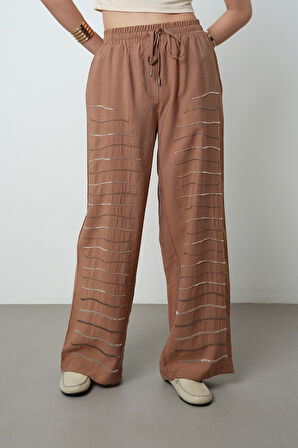 Kadın Yatay Şerit Taş İşlemeli Düz Renk Beli Lastikli Bol Paça Pantolon