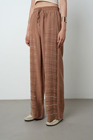 Kadın Yatay Şerit Taş İşlemeli Düz Renk Beli Lastikli Bol Paça Pantolon