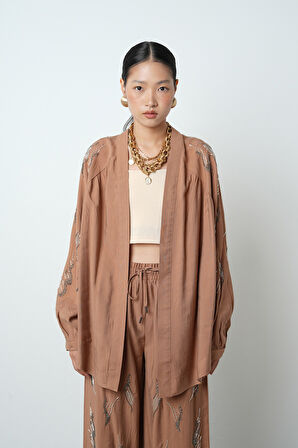 Kadın Arkası Ve Kolları Taş İşlemeli Oversize Kimono