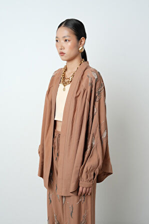 Kadın Arkası Ve Kolları Taş İşlemeli Oversize Kimono