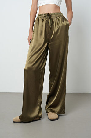 Kadın Haki Renk Düz Saten Bol Paça Beli Lastikli Pantolon