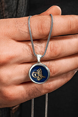 925 Ayar Gümüş Mavi Osmanlı Tuğrası İşlemeli Yuvarlak Kolye Tilki Kuyruğu Zincirli