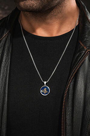 925 Ayar Gümüş Mavi Osmanlı Tuğrası İşlemeli Yuvarlak Kolye Tilki Kuyruğu Zincirli