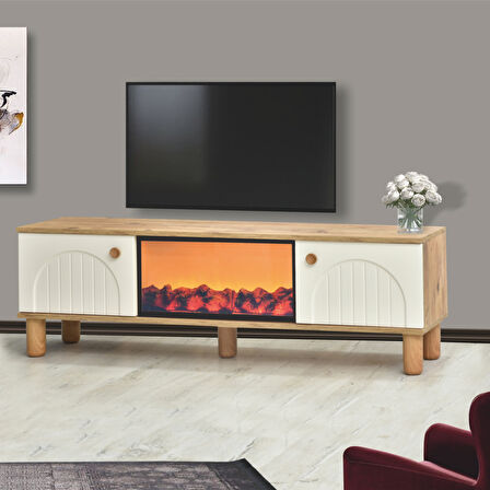 Lidya 2 Kapaklı Alev Efektli Şömineli Tv Sehpası – Ahşap Detaylı Atlantik Çam / Krem 150x50x36 Cm