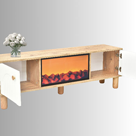 Lidya 2 Kapaklı Alev Efektli Şömineli Tv Sehpası – Ahşap Detaylı Atlantik Çam / Krem 150x50x36 Cm