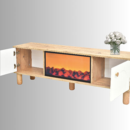 Lidya 2 Kapaklı Alev Efektli Şömineli Tv Sehpası – Ahşap Detaylı Atlantik Çam / Krem 150x50x36 Cm