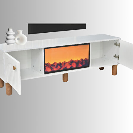 Lidya Şömineli Tv Sehpası Şık Kapaklı Tasarım 36 Inç Ekran Üzeri Uyumlu 150x36x50 Cm