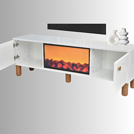 Lidya Şömineli Tv Sehpası Şık Kapaklı Tasarım 36 Inç Ekran Üzeri Uyumlu 150x36x50 Cm