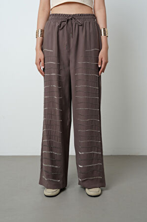 Kadın Yatay Şerit Taş İşlemeli Düz Renk Beli Lastikli Bol Paça Pantolon