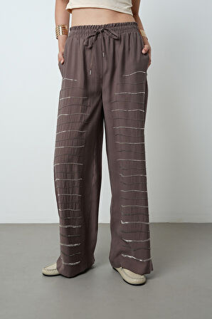 Kadın Yatay Şerit Taş İşlemeli Düz Renk Beli Lastikli Bol Paça Pantolon