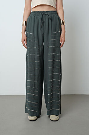 Kadın Yatay Şerit Taş İşlemeli Düz Renk Beli Lastikli Bol Paça Pantolon