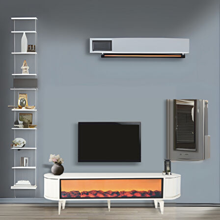  Talia Şömineli Tv Sehpası Beyaz Gümüş Mebran Bluetooth Hoparlörlü 7 Renk Efektli 160x40x50 Cm