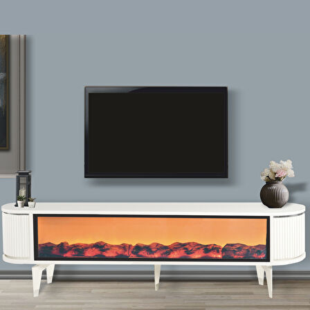  Talia Şömineli Tv Sehpası Beyaz Gümüş Mebran Bluetooth Hoparlörlü 7 Renk Efektli 160x40x50 Cm