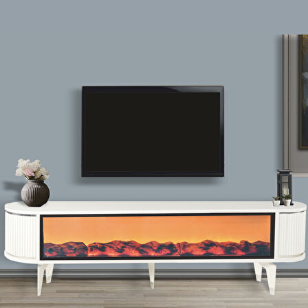 Talia Şömineli Tv Sehpası Beyaz Gümüş Mebran Bluetooth Hoparlörlü 7 Renk Efektli 160x40x50 Cm