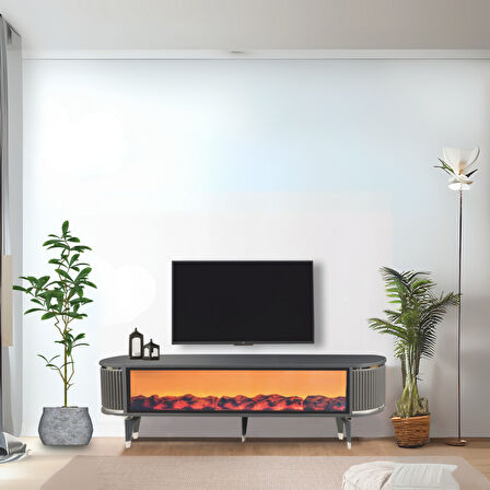 Talia Şömineli Tv Sehpası Antrasit Gümüş Mebran Oval 7 Renk Efektli Uygulamalı 160x40x50 Cm