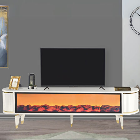 Talia Şömineli Tv Sehpası Beyaz Gold Mebran Kapaklı Bluetooth Hoparlörlü 7 Renk Efektli 180x40x50 Cm