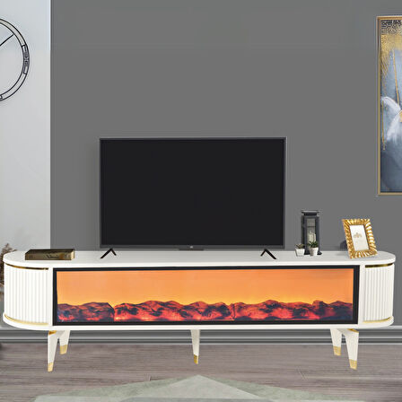 Talia Şömineli Tv Sehpası Beyaz Gold Mebran Kapaklı Bluetooth Hoparlörlü 7 Renk Efektli 180x40x50 Cm