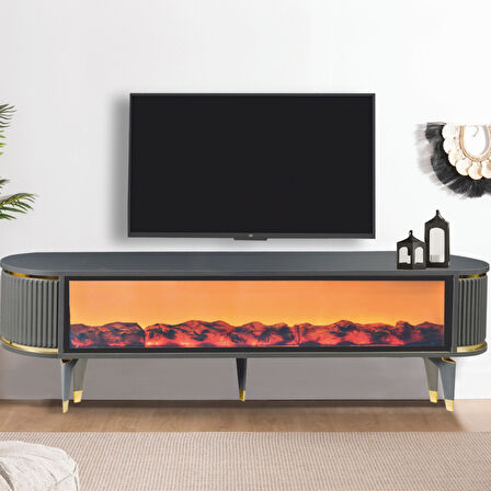 Talia Şömineli Tv Sehpası Antrasit Gold Mebran Bluetooth Hoparlörlü 7 Renk Efektli 160x40x50 Cm