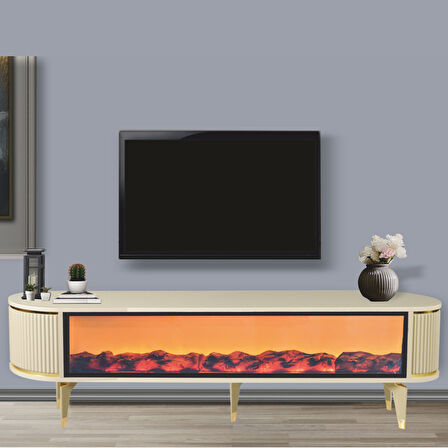 Talia Şömineli Tv Sehpası Cappuccino Gold Oval Bluetooth Hoparlörlü 7 Renk Efektli 160x40x50 Cm