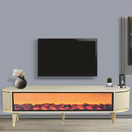 Talia Şömineli Tv Sehpası Cappuccino Gold Oval Bluetooth Hoparlörlü 7 Renk Efektli 160x40x50 Cm