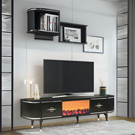 Maya Şömineli Tv Sehpası Siyah Gümüş Şeritli Mebran Kapaklı Oval Tasarım 180x40x50 Cm