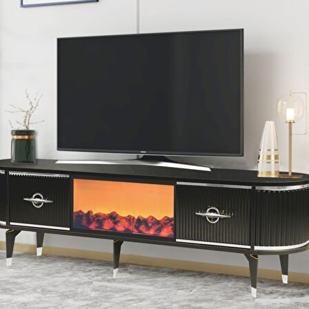 Maya Şömineli Tv Sehpası Siyah Gümüş Şeritli Mebran Kapaklı Oval Tasarım 180x40x50 Cm