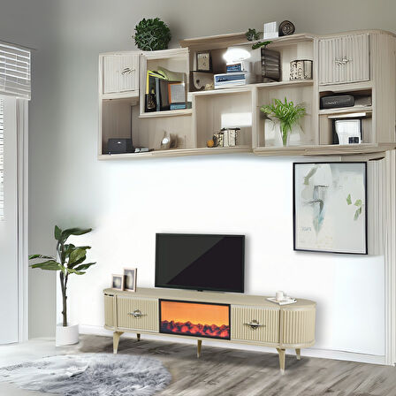 Maya Şömineli Tv Sehpası Cappuccino Gümüş Mebran Kapaklı 2 Kapaklı 180x40x50 Cm