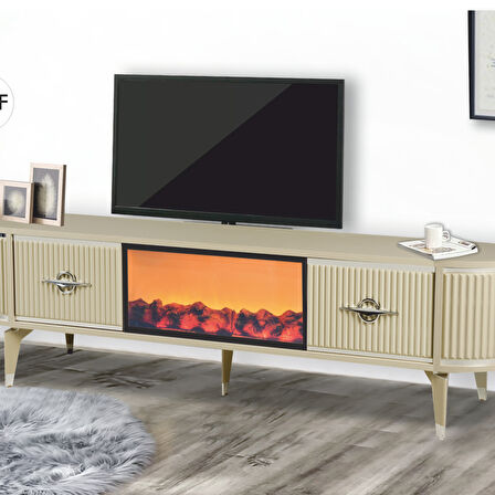 Maya Şömineli Tv Sehpası Cappuccino Gümüş Mebran Kapaklı 2 Kapaklı 180x40x50 Cm