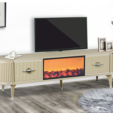 Maya Şömineli Tv Sehpası Cappuccino Gümüş Mebran Kapaklı 2 Kapaklı 180x40x50 Cm