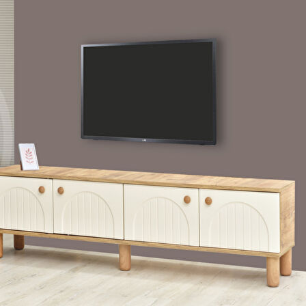 Lidya Tv Sehpası Atlantik Çam Krem Renkli 4 Kapaklı Tasarım 180x36x50 Cm