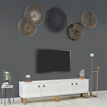 Lidya Beyaz Klasik Tv Sehpası 4 Kapaklı Kavisli Kapak Detaylı Düz Yüzeyli Tasarım 180x36x50 Cm
