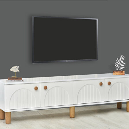 Lidya Beyaz Klasik Tv Sehpası 4 Kapaklı Kavisli Kapak Detaylı Düz Yüzeyli Tasarım 180x36x50 Cm