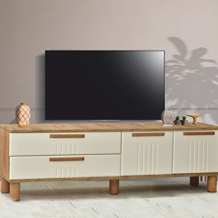 Dia Tv Sehpası 2 Kapaklı Ve 2 Çekmeceli Tasarım Atlantik Çam Krem - 160x35x52 Cm
