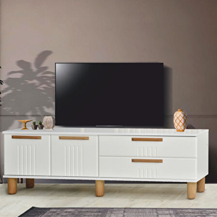 Dia Tv Sehpası 2 Kapaklı Ve 2 Çekmeceli Tasarım Beyaz Krem Detaylı- 160x35x52 Cm