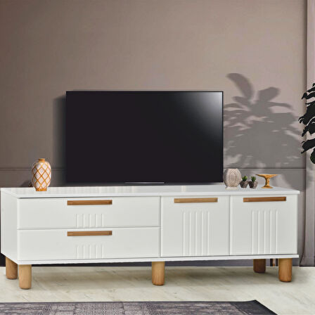 Dia Tv Sehpası 2 Kapaklı Ve 2 Çekmeceli Tasarım Beyaz Krem Detaylı- 160x35x52 Cm