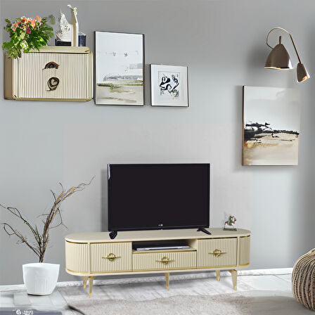 Duru Tv Sehpası Cappuccino Gold 2 Kapaklı 1 Çekmeceli Mebran Kapaklı Oval Tasarım 180x40x50 Cm