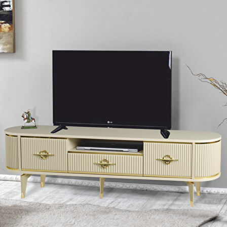 Duru Tv Sehpası Cappuccino Gold 2 Kapaklı 1 Çekmeceli Mebran Kapaklı Oval Tasarım 180x40x50 Cm