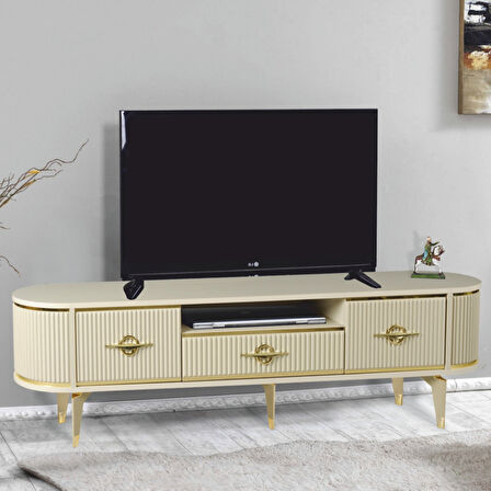 Duru Tv Sehpası Cappuccino Gold 2 Kapaklı 1 Çekmeceli Mebran Kapaklı Oval Tasarım 180x40x50 Cm