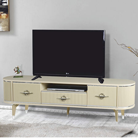 Duru Tv Sehpası Cappuccino Gümüş 2 Kapaklı 1 Çekmeceli Mebran Kapaklı Oval Tasarım 180x40x50 Cm