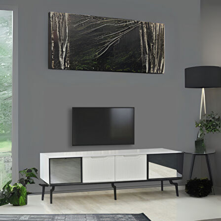 Viva Camlı Tv Sehpası Beyaz Mebran 4 Kapaklı Özel Cam Panelli Modern Tasarım 160x36x53 Cm