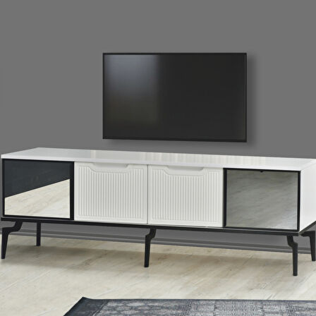 Viva Camlı Tv Sehpası Beyaz Mebran 4 Kapaklı Özel Cam Panelli Modern Tasarım 160x36x53 Cm