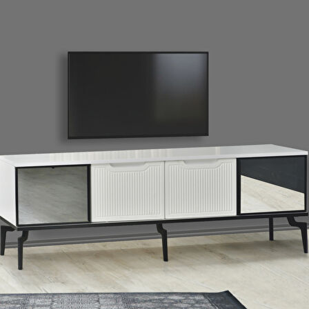 Viva Camlı Tv Sehpası Beyaz Mebran 4 Kapaklı Özel Cam Panelli Modern Tasarım 160x36x53 Cm
