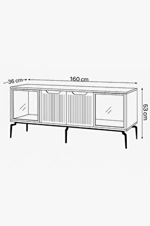 Viva Camlı Tv Sehpası Beyaz Mebran 4 Kapaklı Özel Cam Panelli Modern Tasarım 160x36x53 Cm