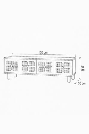 Hasırlı Tv Sehpası Atlantik Çam Krem 3 Kapaklı Hasır Desenli Doğal Görünümlü 160x36x50 Cm