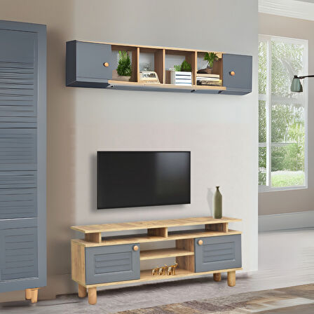 Helena Tv Sehpası Beyaz 2 Kapaklı Açık Raflı Ahşap Görünümlü Atlantik Çam 140x60x36 Cm