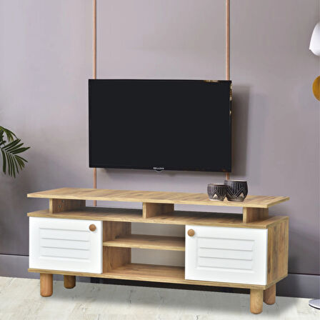 Helena Tv Sehpası Beyaz 2 Kapaklı Açık Raflı Ahşap Görünümlü Atlantik Çam 140x60x36 Cm