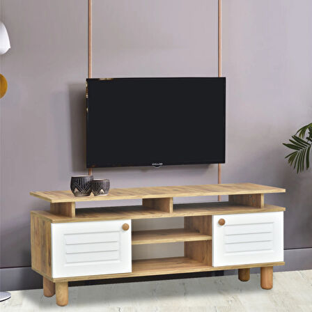 Helena Tv Sehpası Beyaz 2 Kapaklı Açık Raflı Ahşap Görünümlü Atlantik Çam 140x60x36 Cm