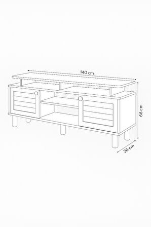 Helena Tv Sehpası Beyaz 2 Kapaklı Açık Raflı Ahşap Görünümlü Atlantik Çam 140x60x36 Cm