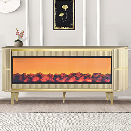 Dekoratif Şömineli Tv Sehpası Uygulamalı 7 Renk Hoparlörlü Cappuccino Gold Detaylı 160x67x40 Cm